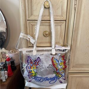 Ed Hardy Transparent Tote with Colorful Butterfly Design